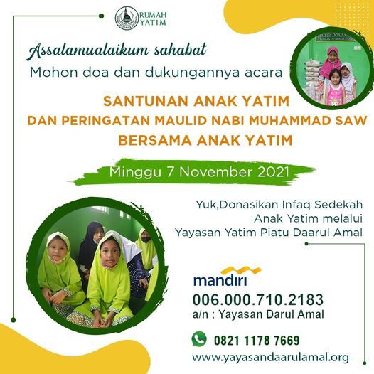 Rekening Sedekah Anak Yatim Darul Qur'an. santunan anak yatim & peringatan maulid nabi muhammad saw