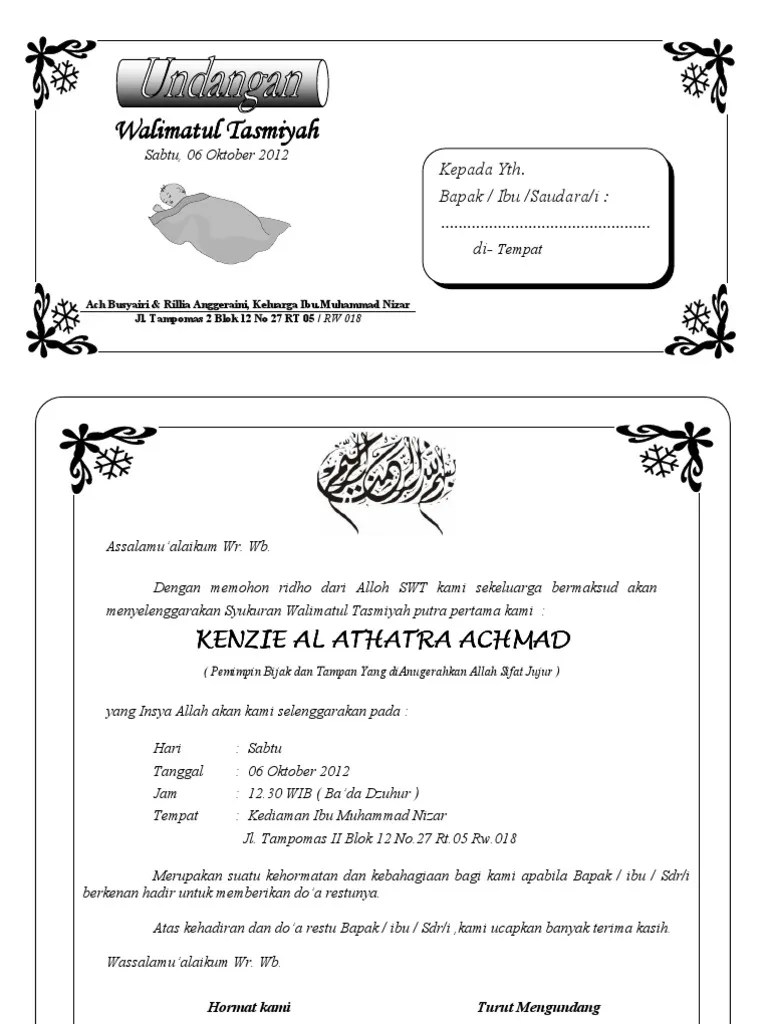 Contoh Undangan Tasyakuran Aqiqah Pdf. Undangan Syukuran Walimatul Tasmiyah & Aqiqah