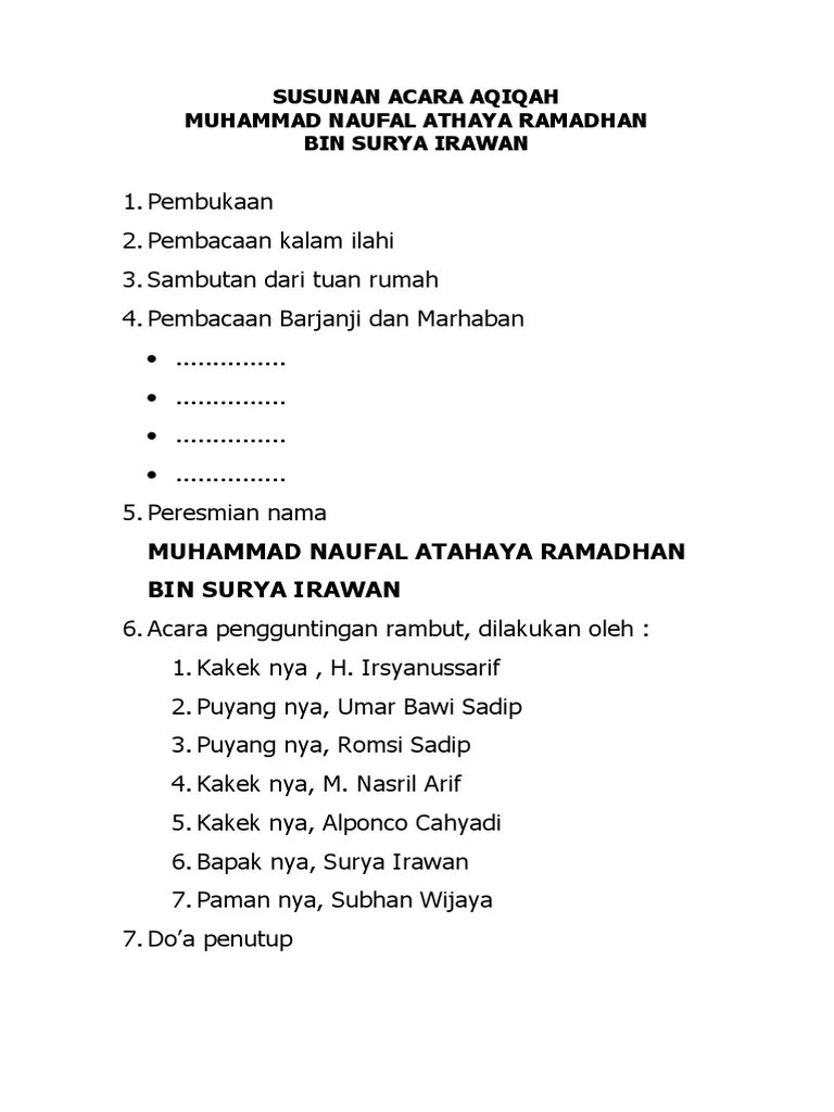 Contoh Susunan Acara Syukuran Aqiqah. Susunan Acara Aqiqah