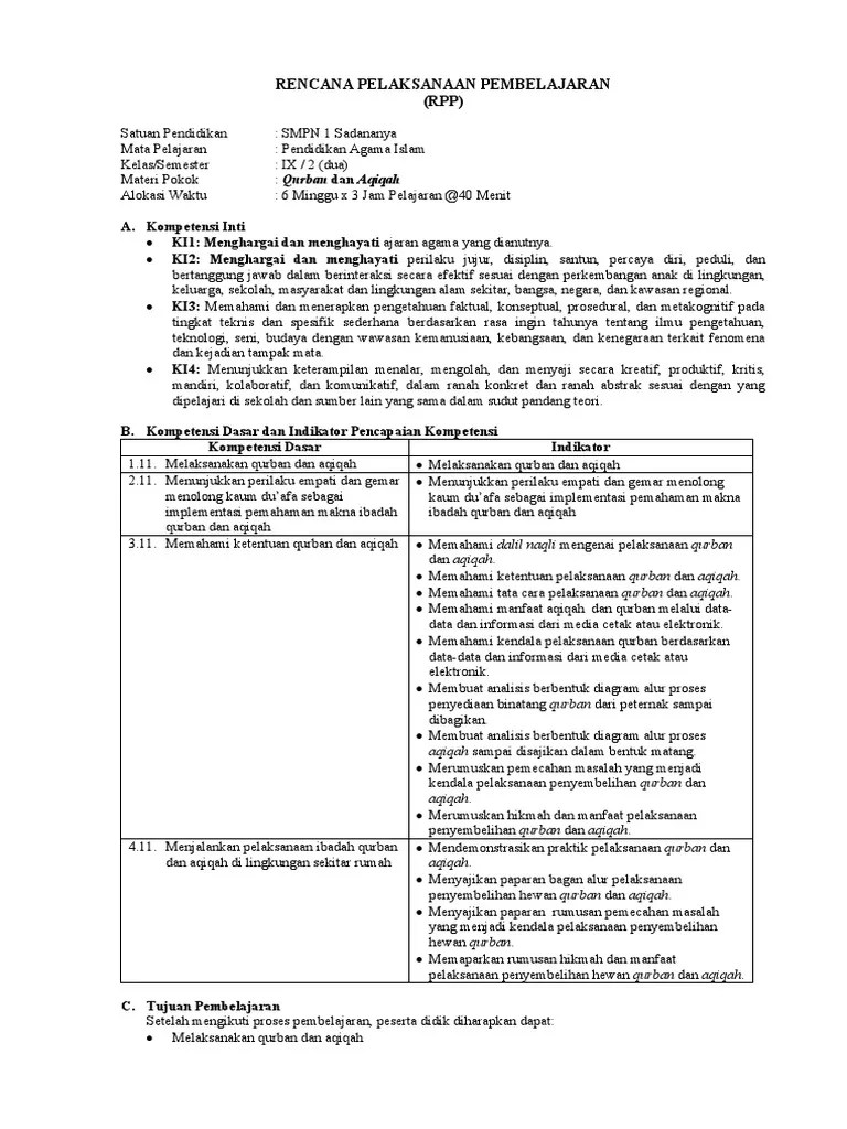 Ketentuan Pelaksanaan Qurban Dan Aqiqah. RPP PAI K9 K13 - Qurban Dan Aqiqah