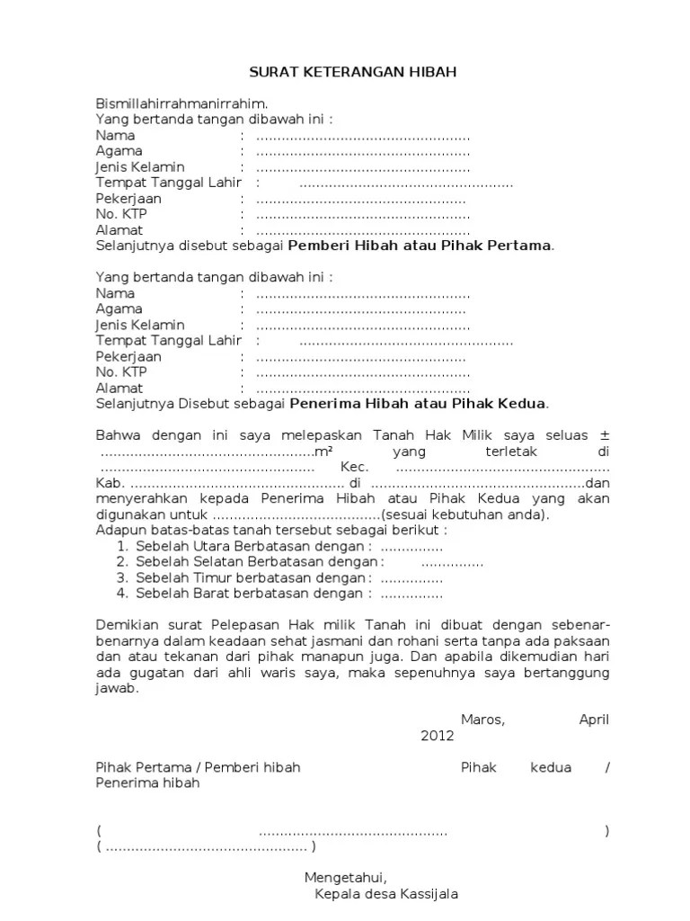 Contoh Format Surat Pernyataan Hibah Tanah. Contoh Format Surat Hibah