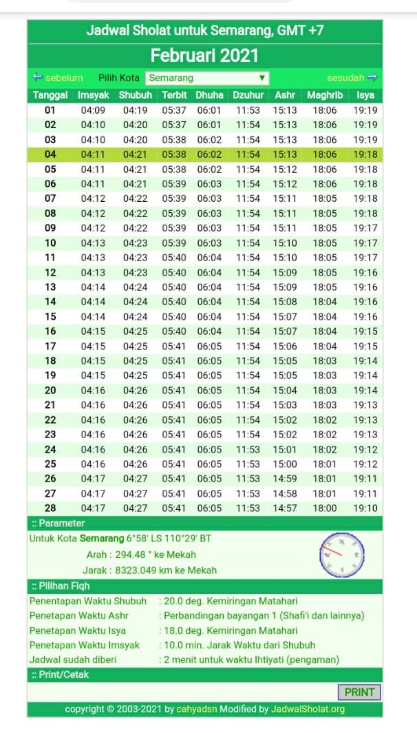 Jadwal Sholat Kota Semarang Februari 2021. Jadwal Sholat Kota Semarang Hari Ini