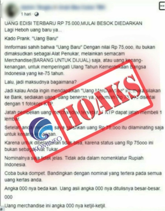 Uang Pecahan 75 Ribu Bisa Untuk Belanja. [HOAKS] Uang Baru Pecahan Rp75 Ribu Tidak Dapat Dibelanjakan